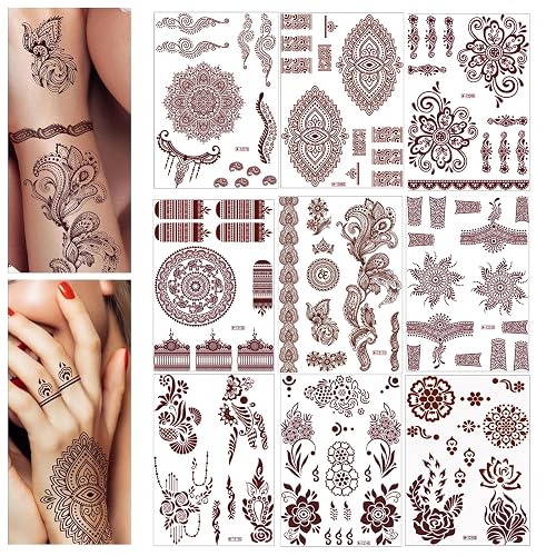 9 Sheets Brown Red Temporary Tattoos, Mandala Flower Tattoo, Stickers Indian Lace Tattoo, Semi Permanent Transfer Tattoos, Waterproof Fake Temporary For Body Art