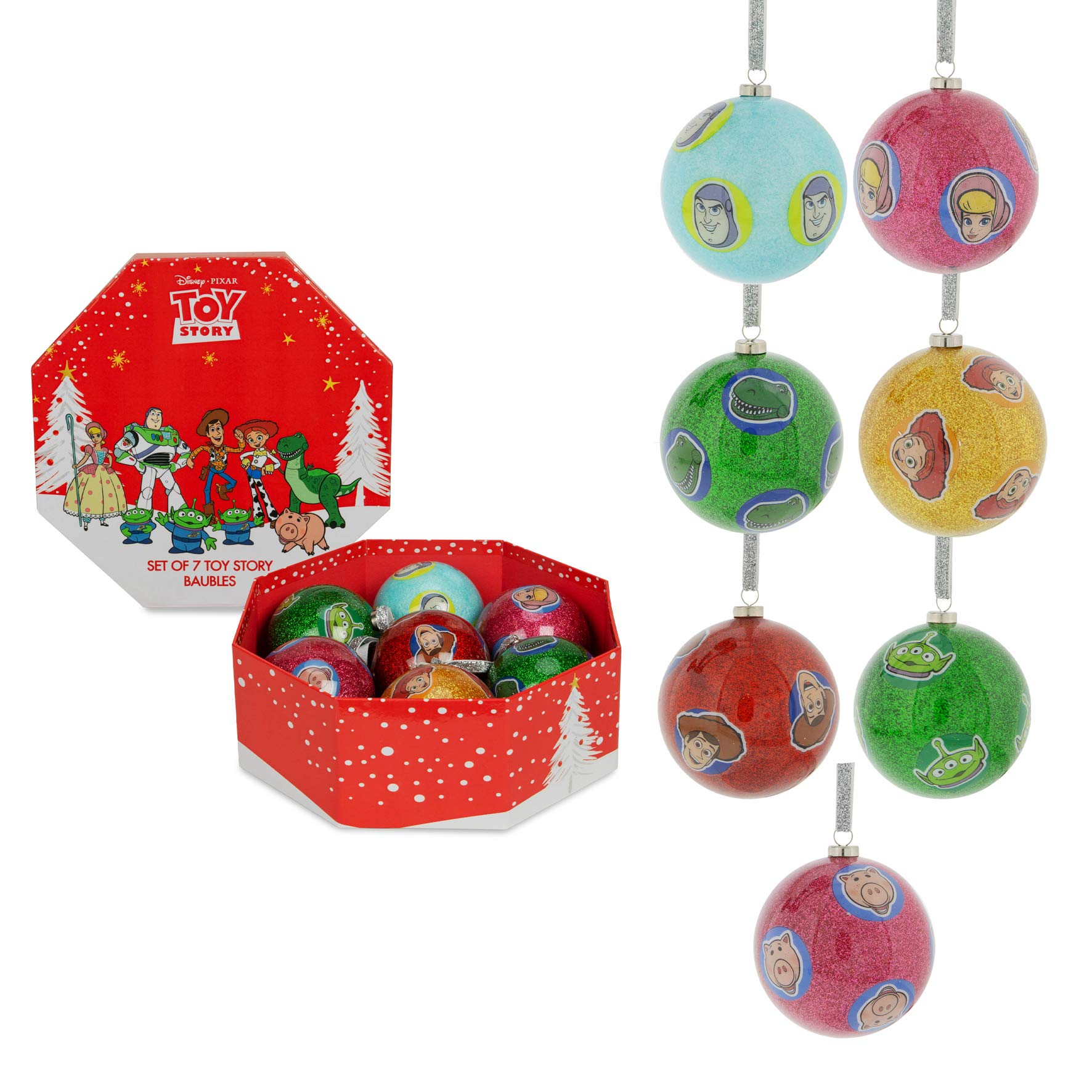 Santa Express Disney Toy Story 4 Set of 7 Glitter Christmas Baubles
