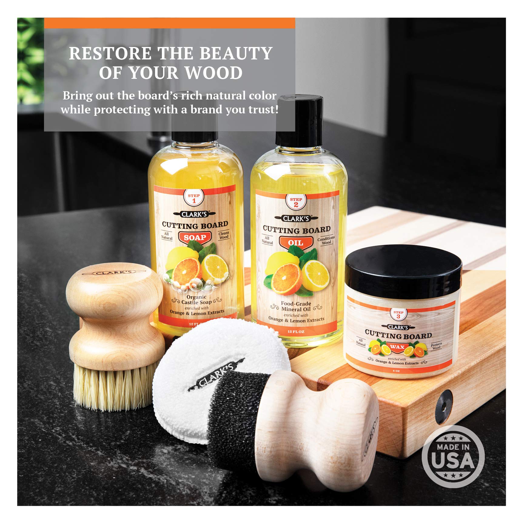 CLARK'S Cutting Board Oil and Wax Kit Complete Care Set includes Mineral Oil (12oz), Finishing
