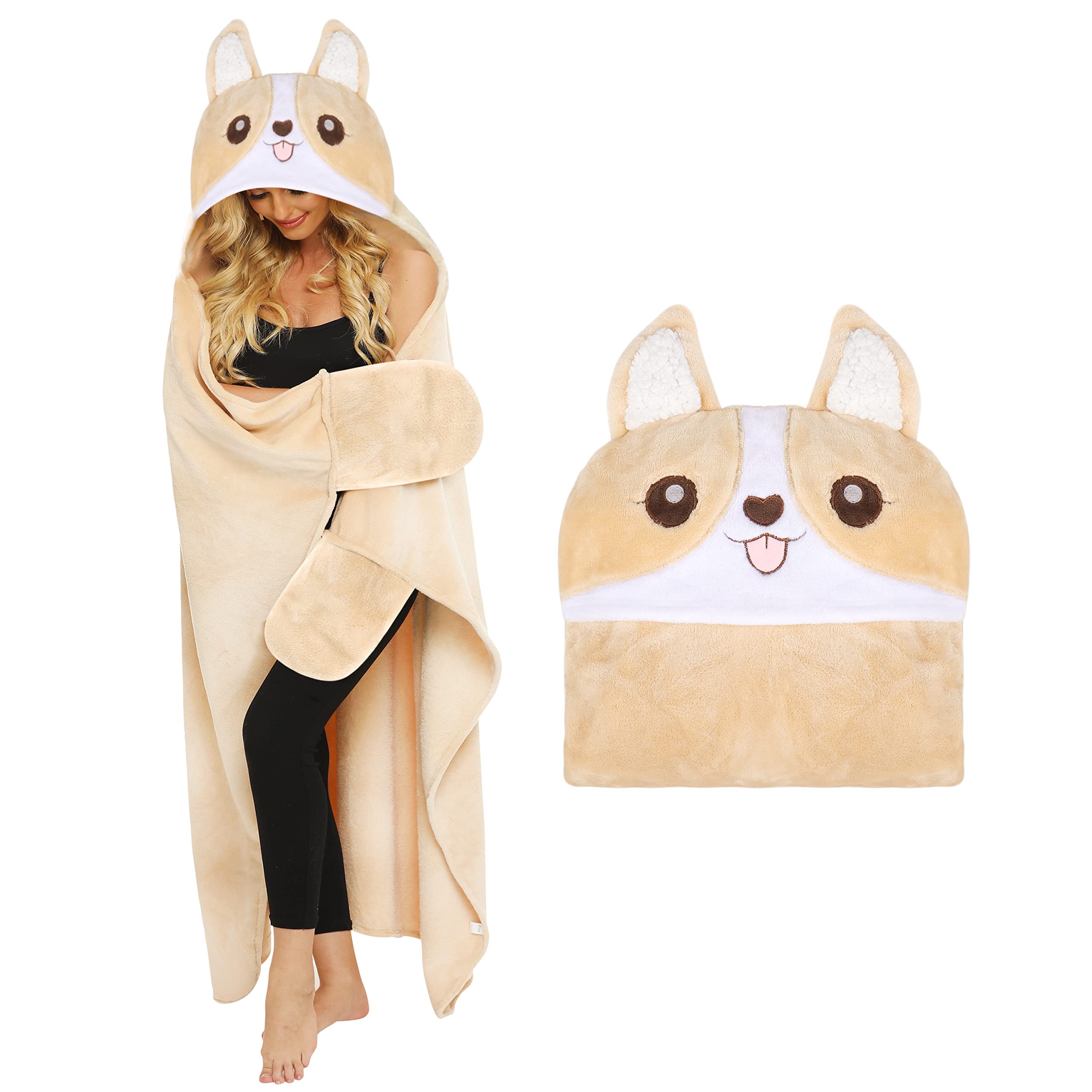 Shoppawhile Corgi Dog Gifts: Women's Fluffy Hooded Blanket, 59 * 51 inch