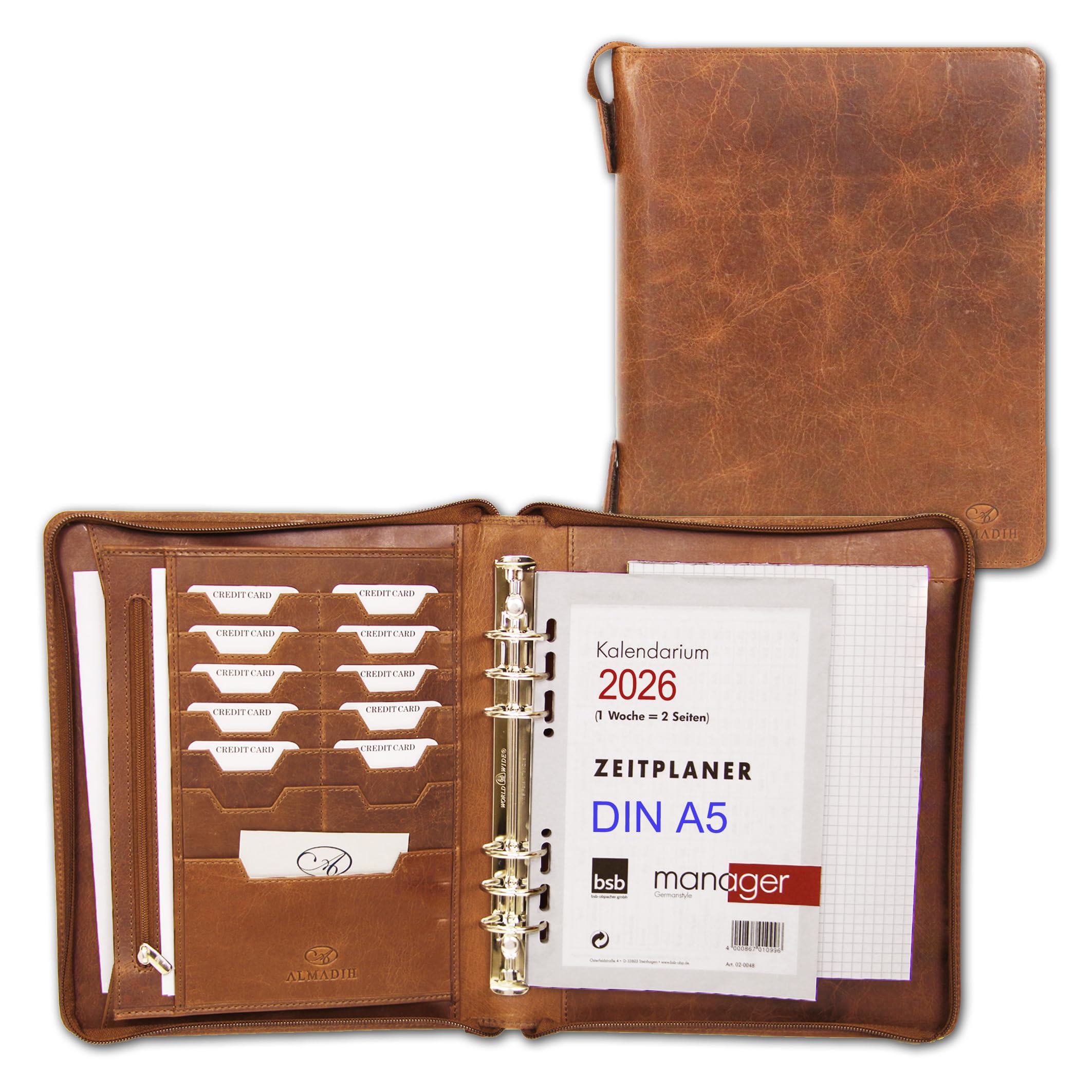 ALMADIH Leather A5 Organizer with Rings Zipper Calendar 2025 Writing Pad Premium Cow Leather brown deluxe - Personal Planner Conference Folder System Ring Binder Zipper Portfolio Folio Workbook