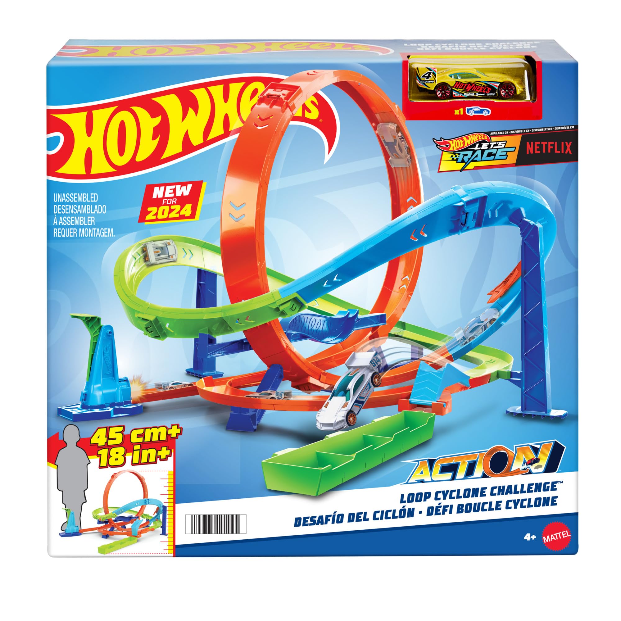 HOT WHEELS Let's Race Netflix - Looping-Zyklon-Challenge - Action-Trackset mit 2 Spielmöglichkeiten, Bumerang-Loopings und Fahrzeug im Maßstab 1:64, mit Tragegriff, ab 4 Jahren, HXM94 7