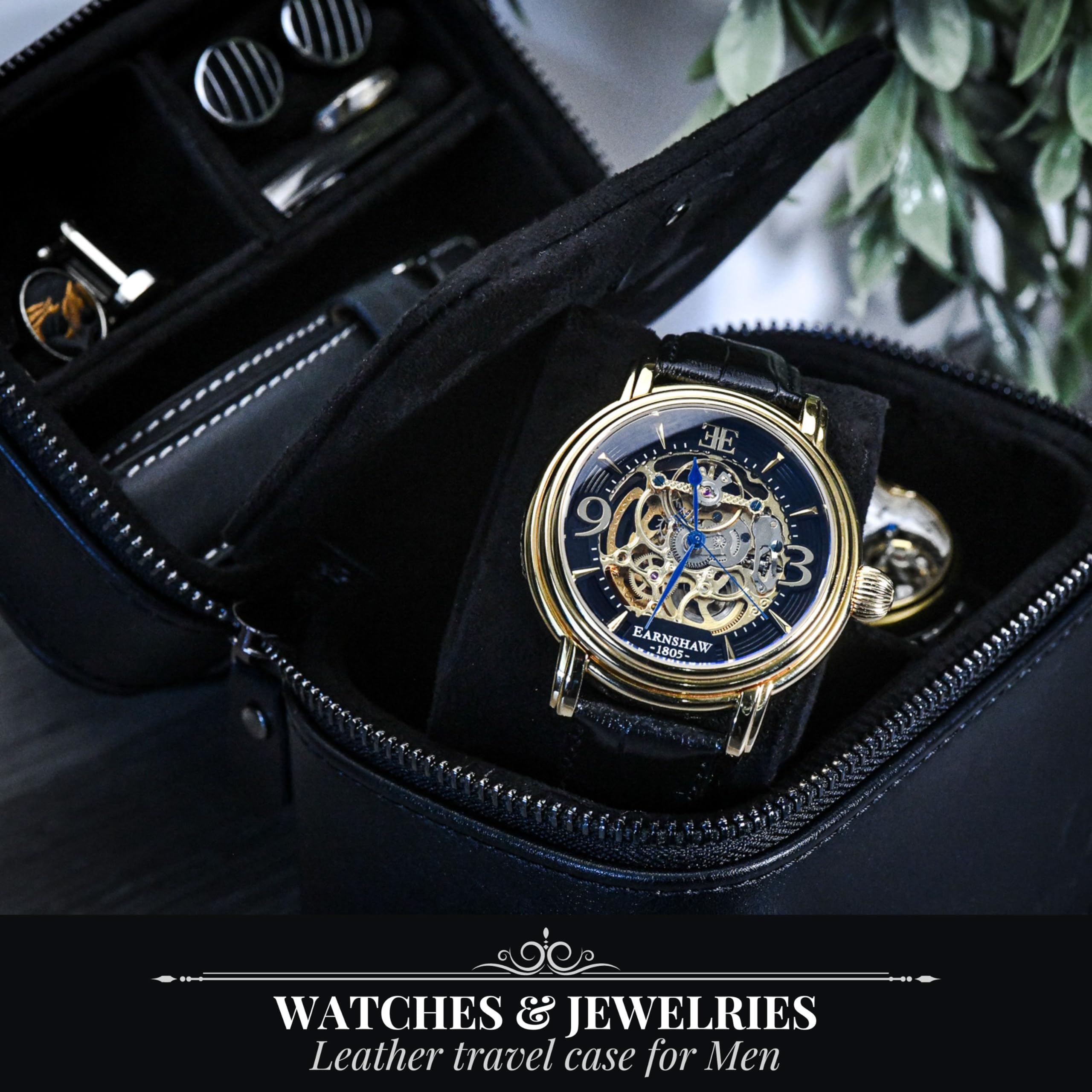 Leather Travel Watch Jewelry Case for Men – Watch Band, Cufflinks Storage Box for Travel - Obsidian Black Swiss-Motif Genuine Leather