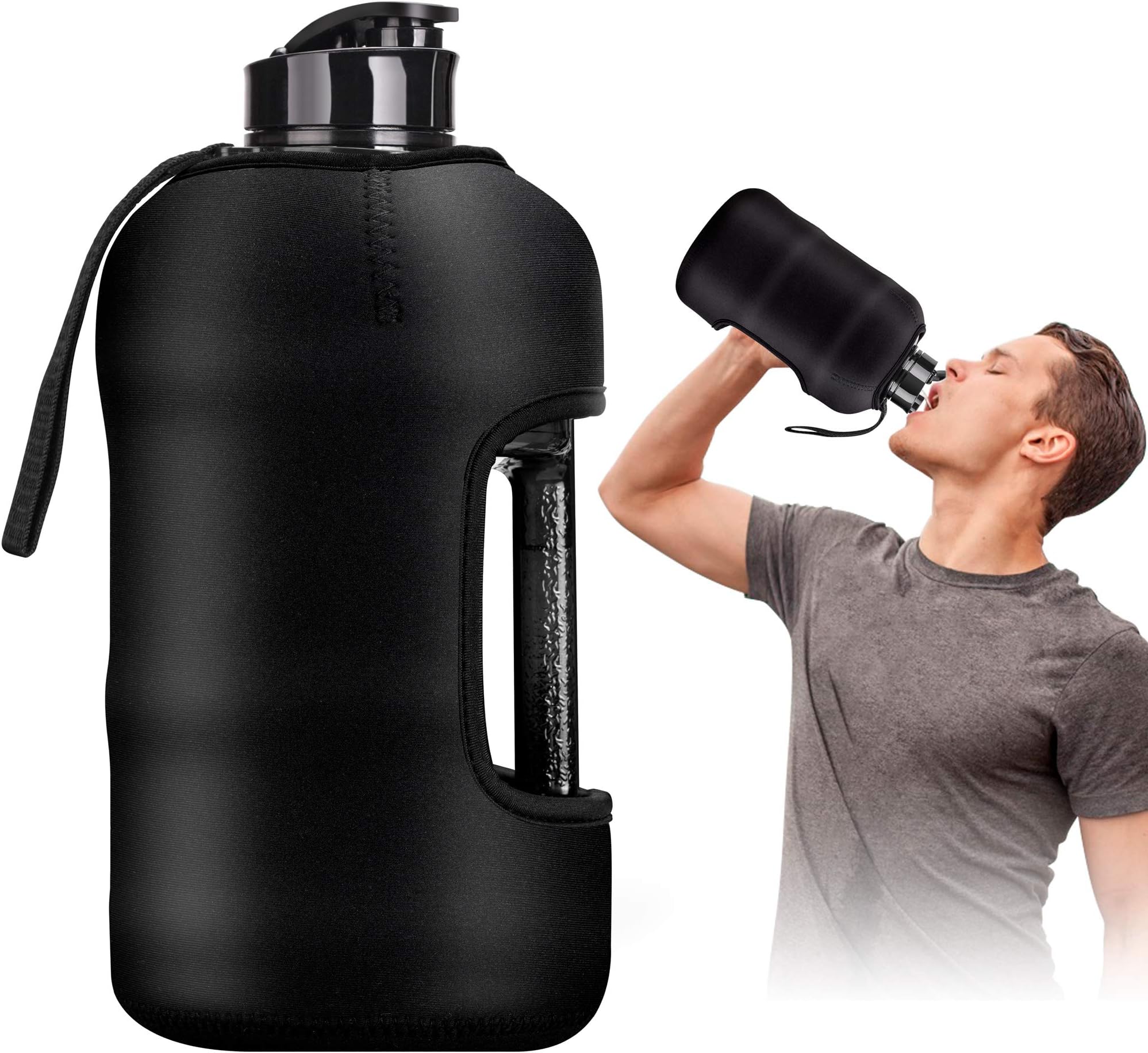 Kaptron Gym Water Bottle with Case - Bodybuilding Water Bottle - Strong Durable 2.2 Litre Water Bottle with Handle - BPA Free Large Half Gallon Sports Water Bottles