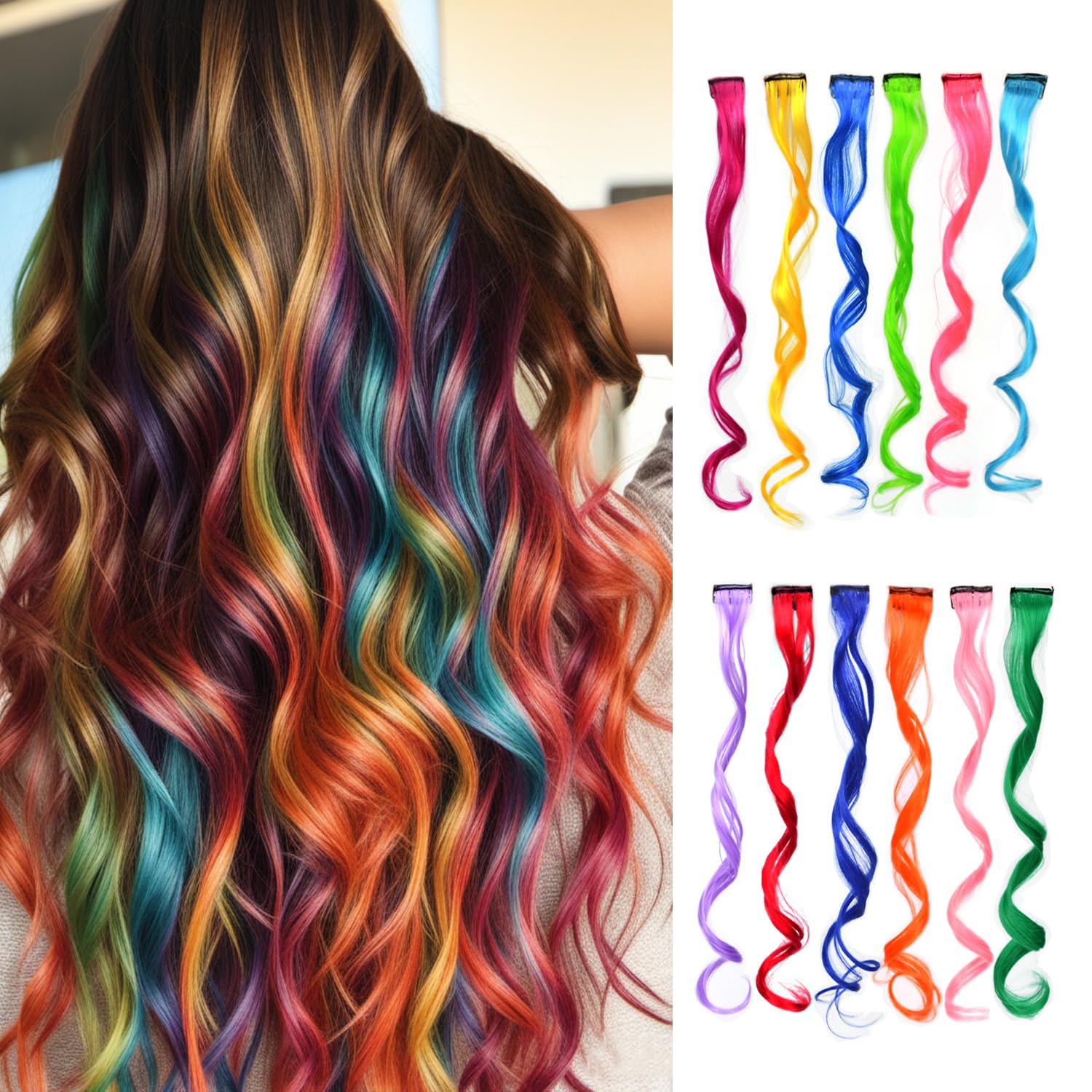12 Pcs Colored Hair Extensions Clip 22 Inch Colorful Straight Extensions Hair in Hair Extensions for Women Party Highlights Accessories （ Colorful Set Curly Wavy ）