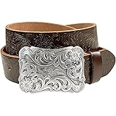 Western Fashion Style Floral Engraved Buckle Full Grain Genuine Leather Belt 1-1/2" (38mm) Wide - Assembled in the U.S