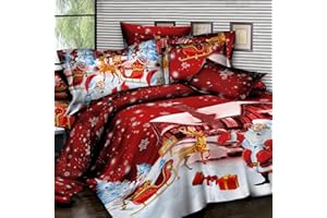 Christmas Bedding Set 3-Piece - Santa & Reindeer Holiday Print - Soft Microfiber Sheets with Pillowcases (Full/Queen/King) (R