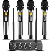 Bietrun 4 Channel Wireless Microphone with Echo/Treble/Bass, 160 ft UHF Range, 4 XLR+1/4‘’Output, Metal Cordless Handheld Dynamic Mics System for Wedding, Church, Karaoke, Singing, DJ(Auto Connect)