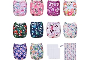 TDIAPERS Baby Cloth Diapers Washable Reusable One Size Adjustable for Baby 10 Pack with 10 Pcs Microfiber Inserts, 1 Wet Bag