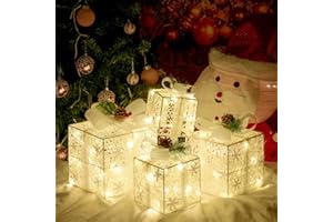 BSTGE Christmas Lighted Gift Boxes, Set of 4 Christmas Decorations, Battery Operated Xmas Present Boxes, Warm White LED with Bows for Indoor Christmas Tree, Yard, Home Decor