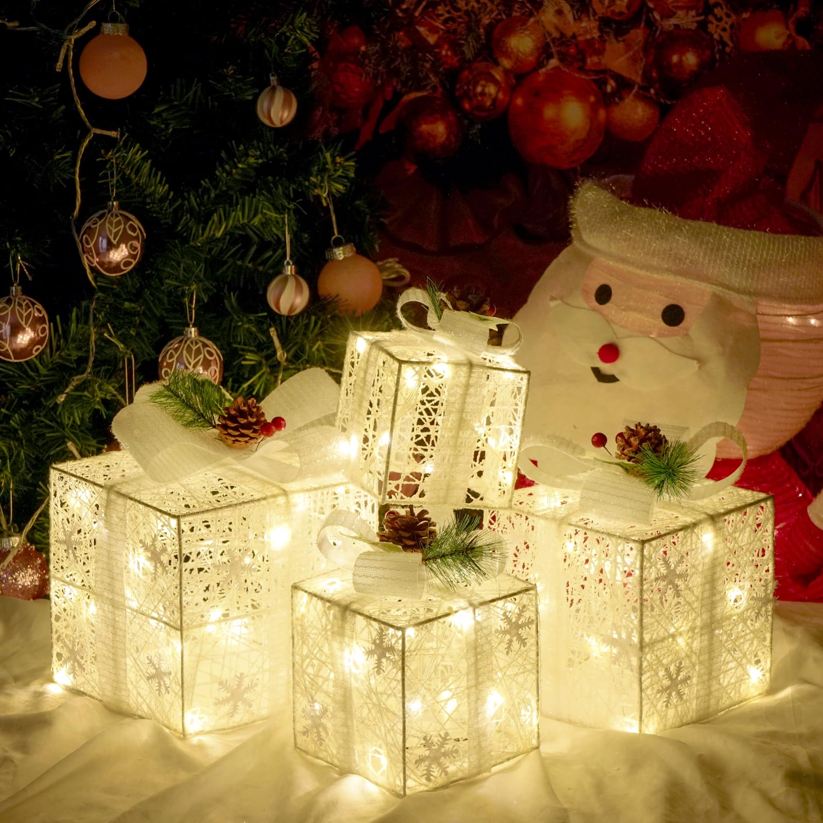 Photo 1 of Christmas Lighted Gift Boxes, Set of 4 Christmas Decorations, Battery Operated Xmas Present Boxes, Warm White LED with Bows for Indoor Christmas Tree, Yard, Home Decor