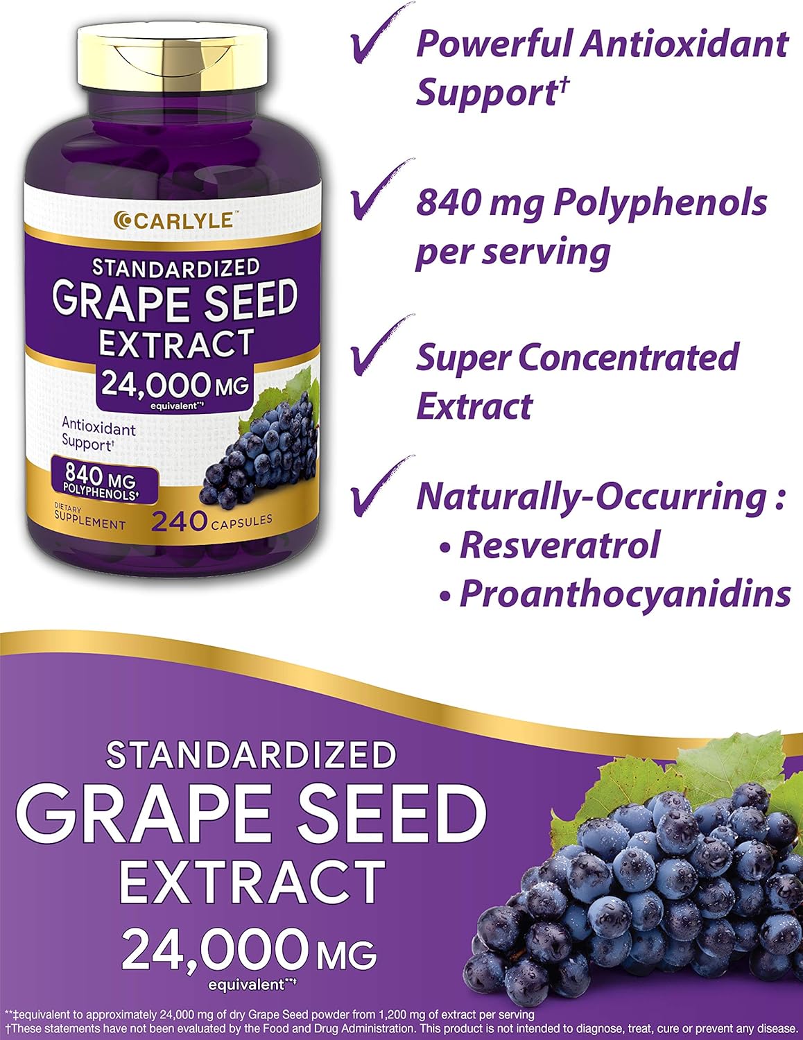 Carlyle Grape Seed Extract 24,000 mg Equivalent 240 Capsules – Maximum Strength Standardized Extract | Non-GMO, Gluten Free: Health & Personal Care