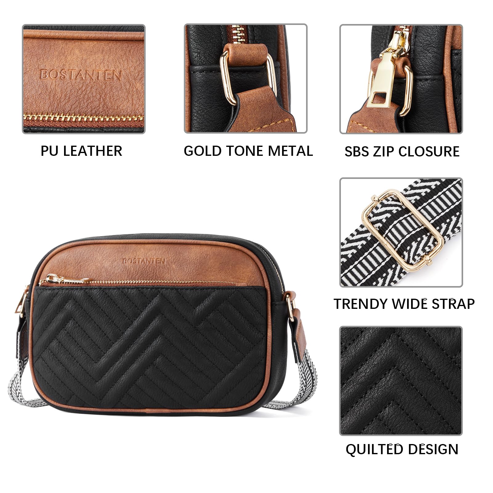 BOSTANTEN Quilted Crossbody Bags for Women Vegan Leather Purses Small Shoulder Handbags with Wide Strap
