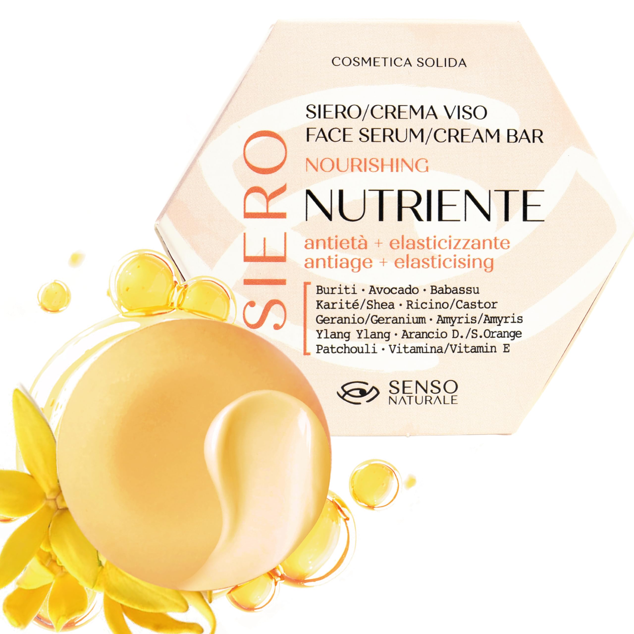 Senso Naturale Solid Face Serum Antiage Elasticising Nourishing Vitamin E, Face Cream for Dry or Mature Skin, Toning Night Mask, 100% Natural and Vegan