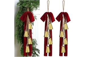 Moxweyeni 2 Sets Christmas Cow Bells with Velvet Bow 18.5 Inch Vintage Bells with Jute Hanging Rope Rustic Gold Ornaments for Wreath Teardrop Swags Wall Door Decoration(Temple Style)