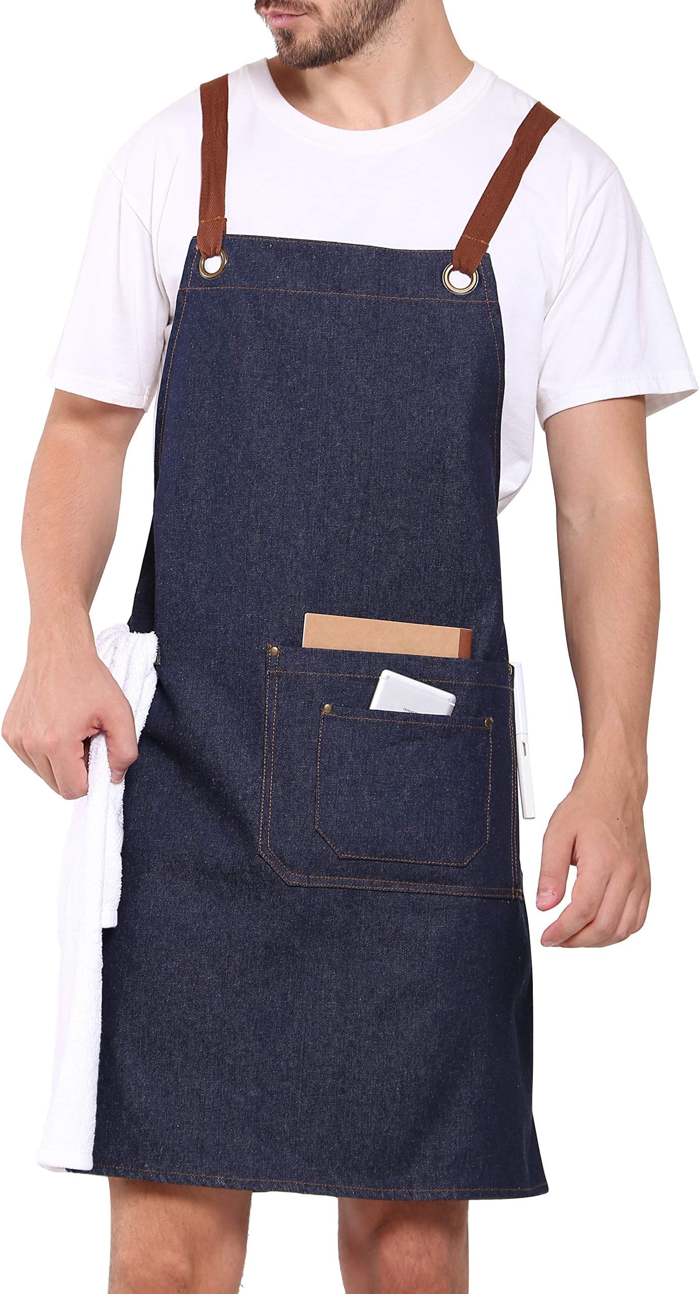 KE FEI Durable Chef Blue Denim Cooking Apron with 3 Pockets + Towel Loop + Cross-Back Strap + Copper Rivet, Adjustable M to XXL. Urban Style - Suitable for Barista Apron,Men Apron and Grilling Apron