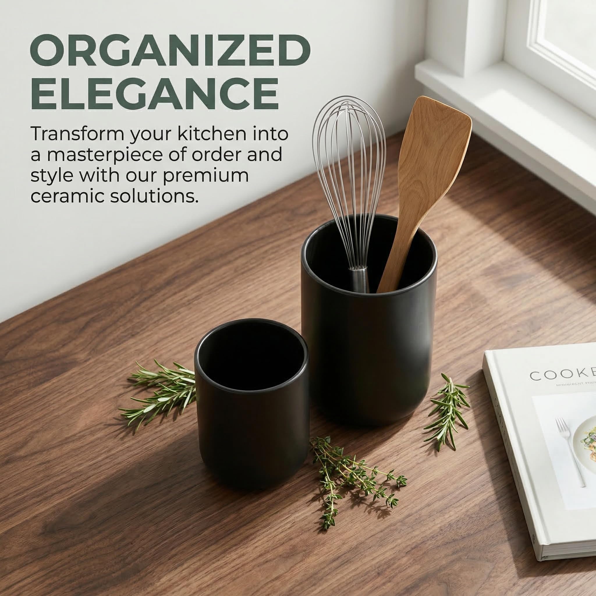 Vunanvu 2 Stück Küchenutensilienhalter Schwarz Utensilienhalter Keramik Küchentheke Behälter für Küchenutensilien Halter Leicht zu Reinigen Küchenhelfer Aufbewahrung für Löffel Spateln Messern Gabeln 3