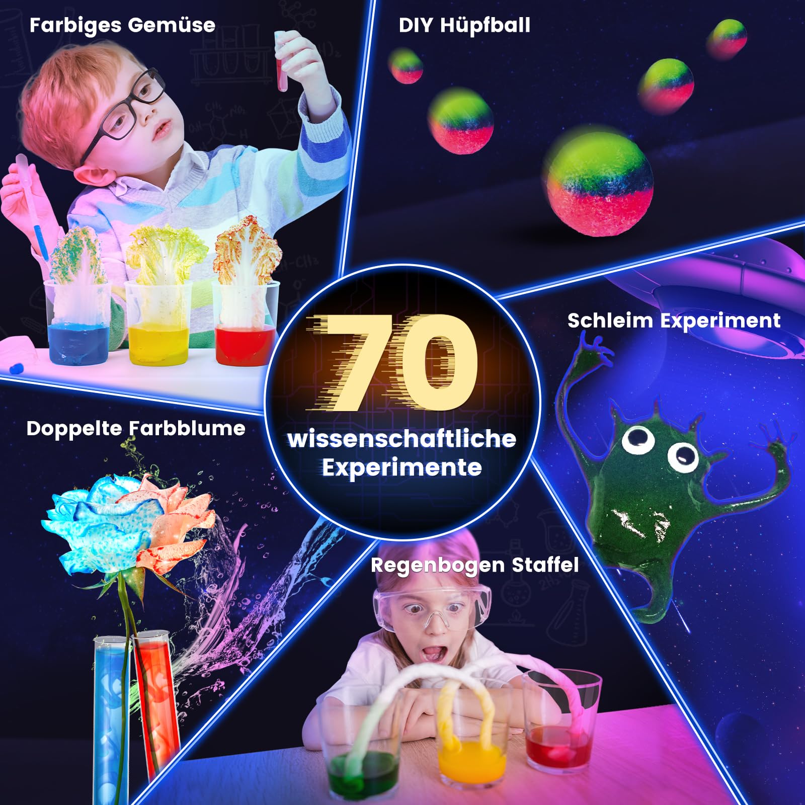 Japace 70 Experimente für Kinder, Wissenschaft Experimentierkasten Labor STEM Spielzeug 4-6-8-10-12 Jahre Geschenke für Jungen Mädchen, Chemie-Set, Kristalle Züchten, Vulkan, Gummiball 3