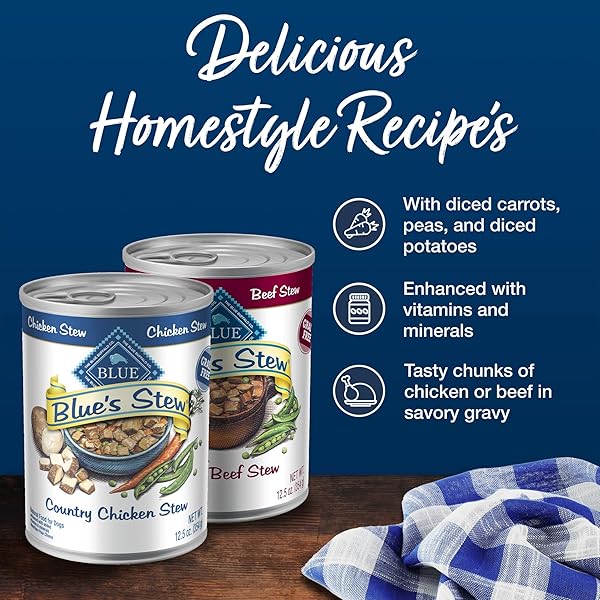 BLUE BUFFALO BLUE’S STEW NATURAL WET DOG FOOD, MADE WITH NATURAL INGREDIENTS, HEARTY BEEF AND COUNTRY CHICKEN VARIETY PACK, 12.5-OZ CANS, 6 COUNT