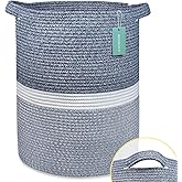 BOSROTY Large Blanket Basket, Nursery Hamper, Tall Laundry Basket 72L, Cotton Rope Woven Laundry Hamper for Storage Toys Clothes Towels, 16”x 22”, Blend Navy Blue & White