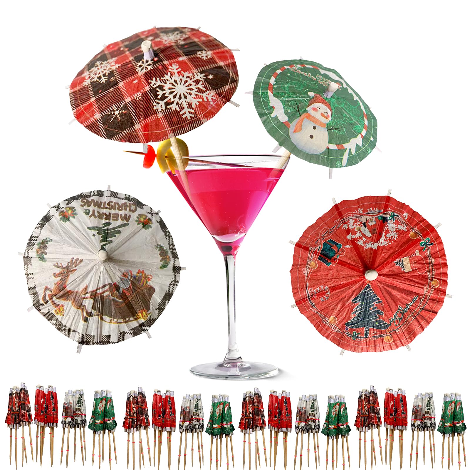 Photo 1 of 200 PCS Christmas Drink Umbrellas Cocktail Picks Decor Christmas Drinking Umbrella Fruit Toothpicks Cupcake Topper Sticks for Christmas Party Appetizers Restaurant Decorations