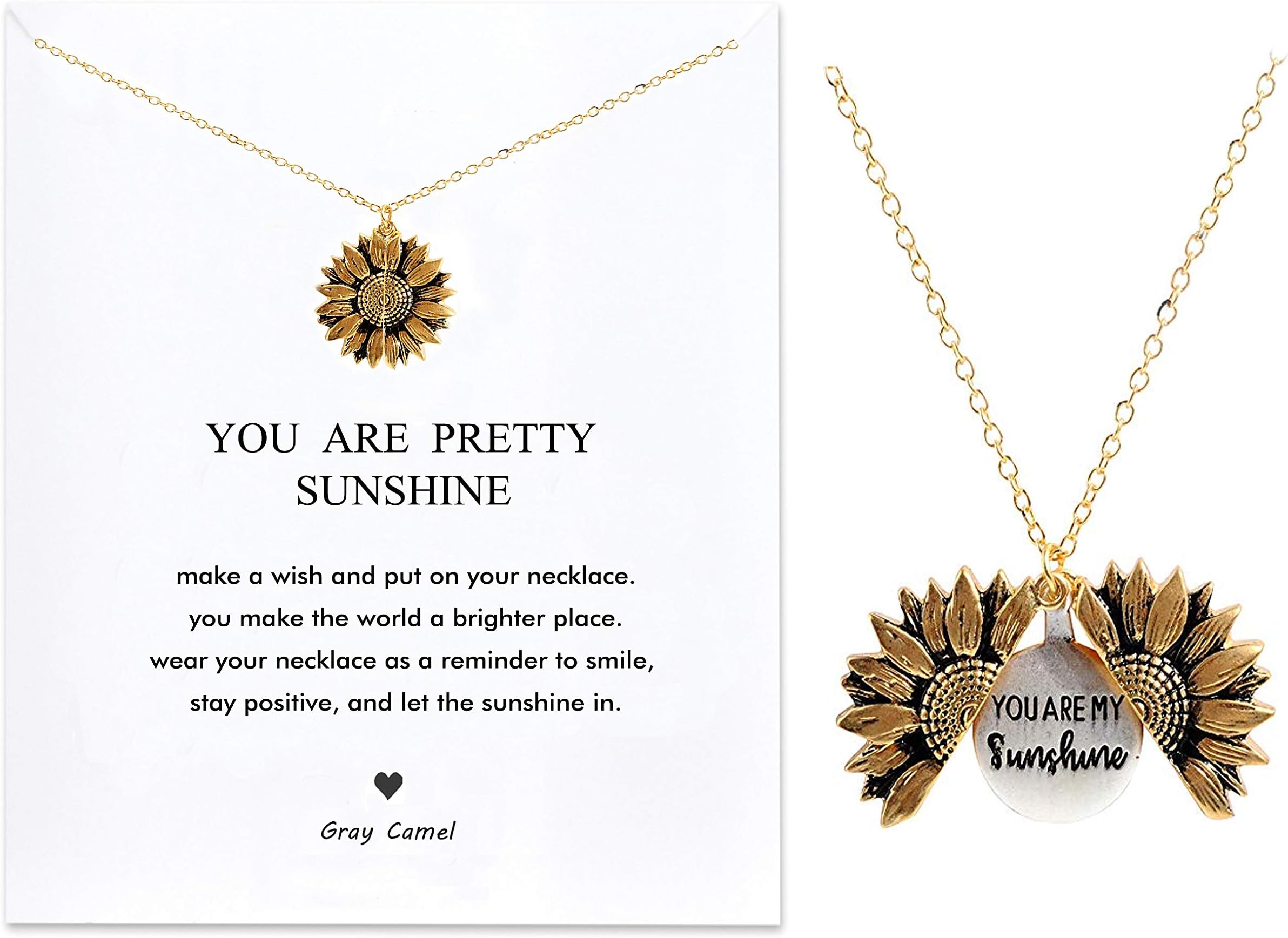 Gray Camel Sunflower Necklace You are My Sunshine Carving Necklace for Woman Girl Card Necklace Gift Necklace