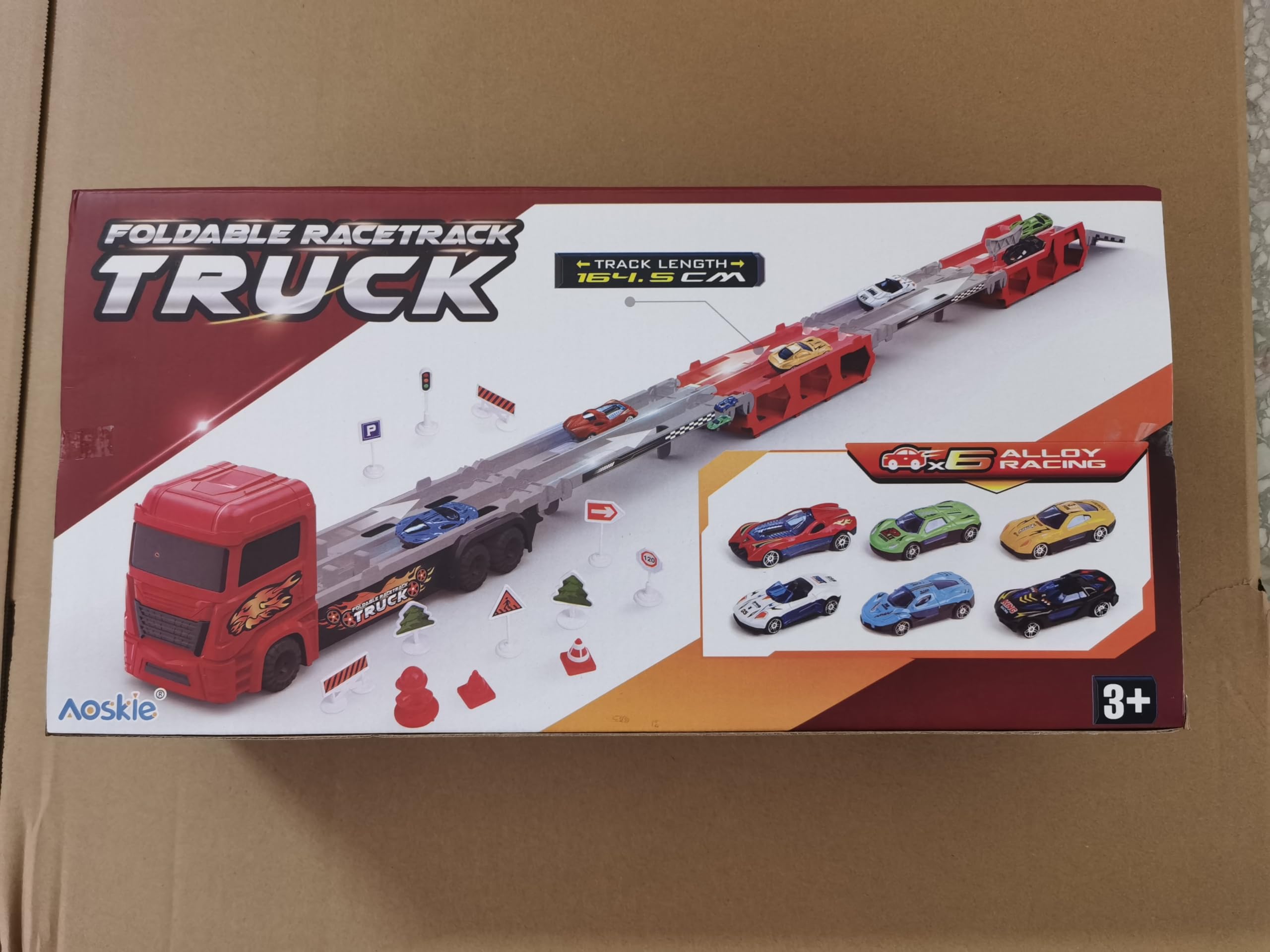 Aoskie Transport Truck Spielzeugautos für Jungen im Alter von 3, 4, 5, 6 Jahren, tragbares Rennbahn Truck Spielzeugauto mit 6 Rennautos, Transporter Fahrzeug Spielzeug Set für Kinder 8