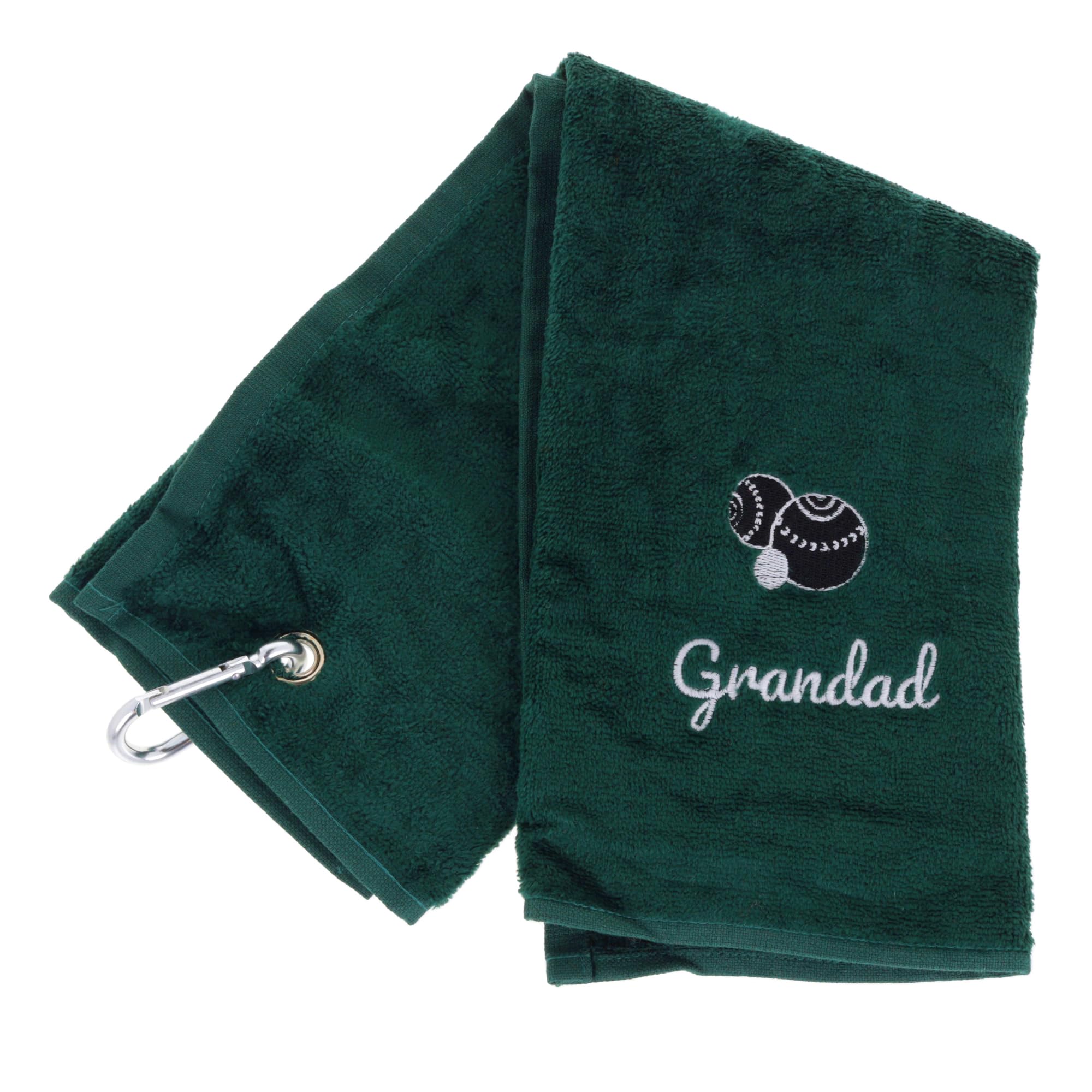 Always Looking Good Embroidered Dark Green Lawn Bowls Towel for Grandad Tri-Fold Luxury Velour 50cm x 40cm Custom Bowling Towel with Carabiner