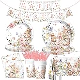 Easter Bunny Decorations-142Pcs Floral Bunny Tableware Happy Easter Plates and Napkins Kit Vintage Rabbits Spring Party Supplies for Kids