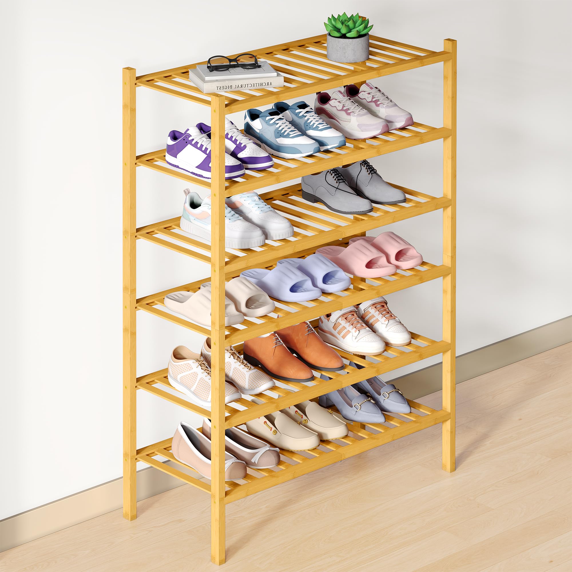 Smiry Bamboo Shoe Rack for Closet, 6 Tier Wooden Stackable Shoe Organizer, Free Standing Shoes Storage Shelf for Entryway, Front Door Entrance, Natural Image