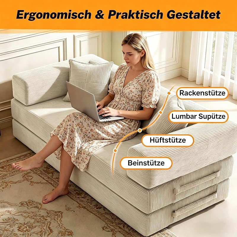 200cm Modulares Sofa, aus Hochwertiges Cord mit Hochdichter Schaumstoff, 5-in-1 Umwandelbares Vielseitig 3-Sitzer Schlafsofa für das Wohnung, Weiß