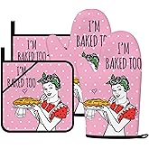 Funny Oven Mitts and Pot Holders Sets Pink Kitchen Accessories Cute Kitchen Decor Funny House Warming Gifts Heat Resistant Cooking Baking Gifts for Women (Pink, Oven Mitts & Pot Holders)