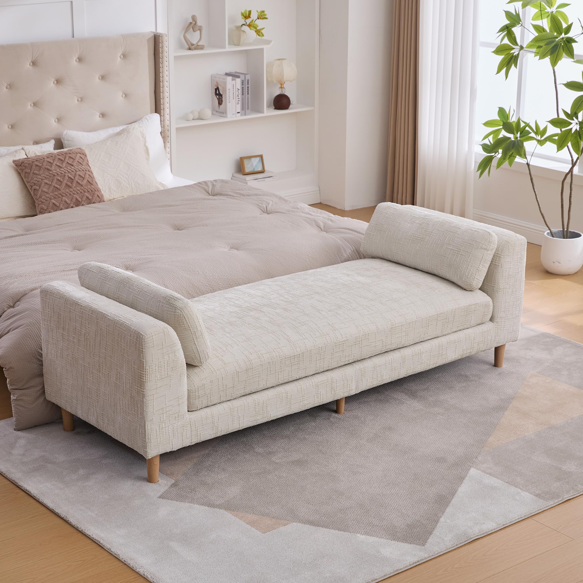 Photo 1 of (PARTIAL SET) (CUSHIONS ONLY) KEIKI 66.9" Upholstered End of Bed Bench for Bedroom, Chenille Chaise Lounge Couch with Bolster Pillows & Armrests, Sitting Bench for Bedroom, Beige