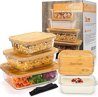 Glas Frischhaltedosen 4er Set mit Bambusdeckel | Glas-Frischhaltedose Set Glas Vorratsbehälterset für Lebensmittel | auslaufsicher Gummibänder BPA-freie Vorratsdosen Glas Glasschalen Glasschüssel