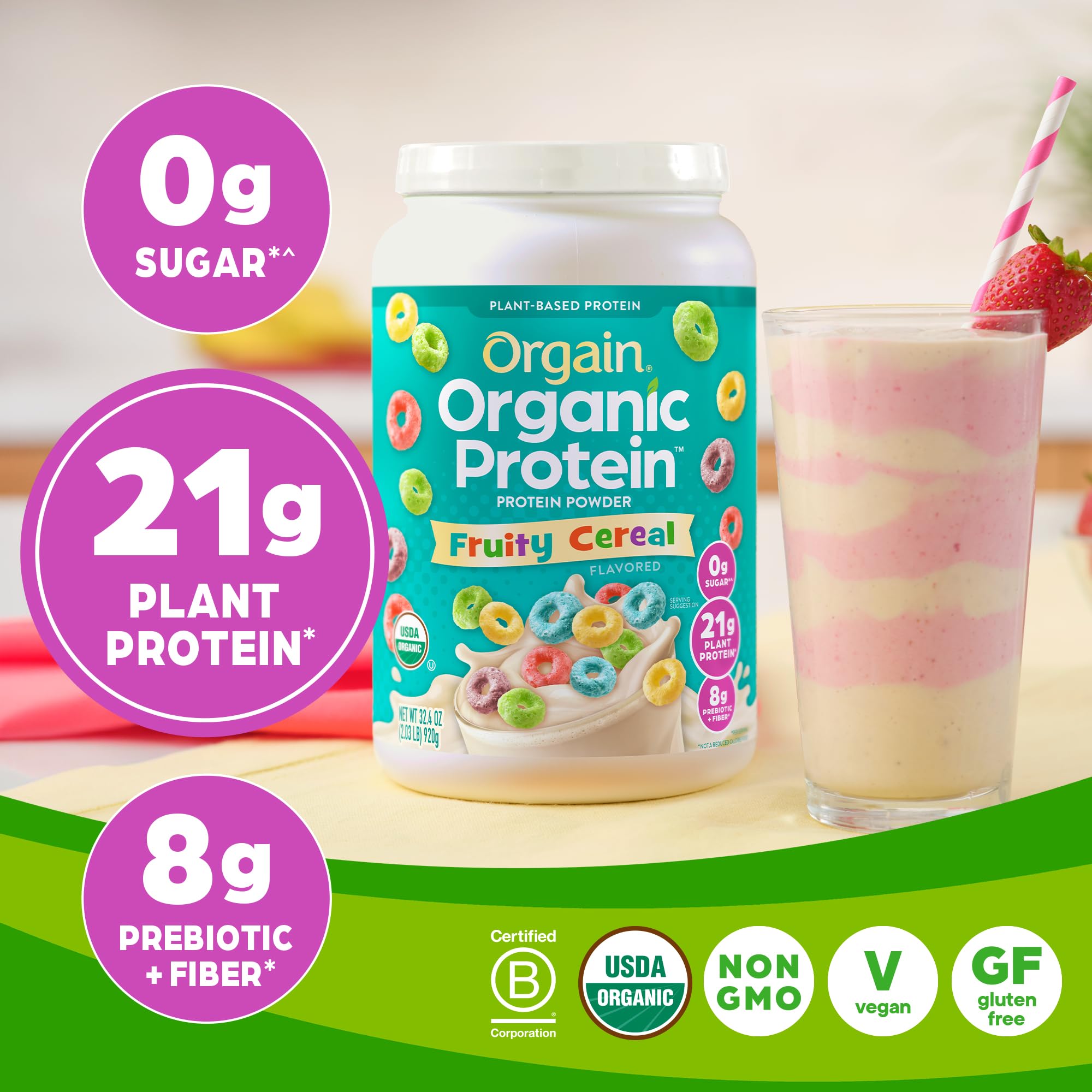 Orgain Organic Vegan Protein Powder, Fruity Cereal 21g Plant Based