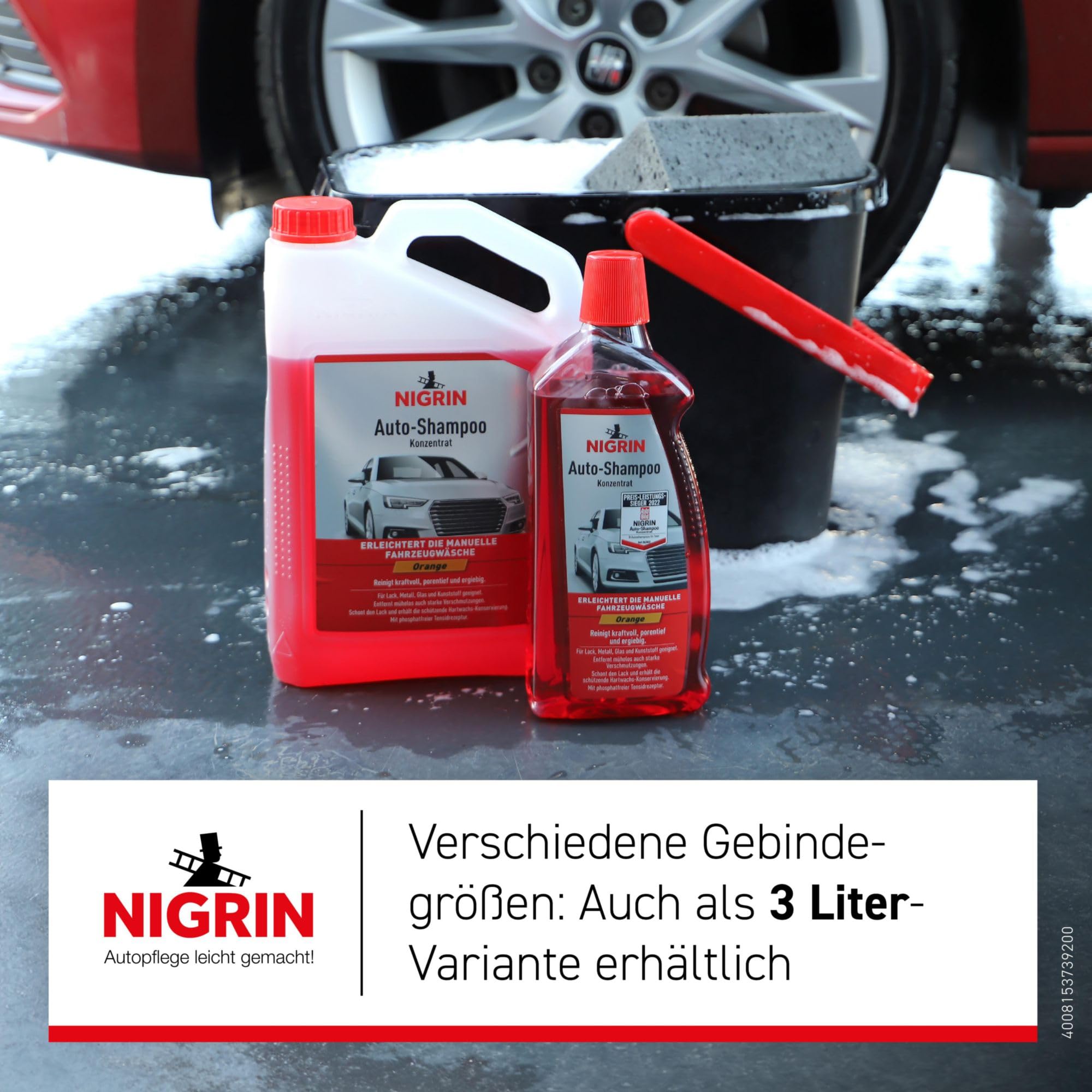 NIGRIN Autoshampoo Konzentrat, 1 Liter, entfernt auch starke Verschmutzungen, schont Lack- und Kunststoffoberflächen, mit Orangen-Duft, Orange 5