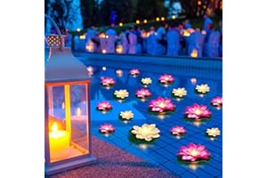 Liliful 24 Pcs Diwali Lotus Decoration Pool Floating Lights, Artificial Flowers Lotus with LED,Lily Pads Water Lantern for Indian Puja Home Decoration(3.94 Inch, 5.91 Inch,White, Pink)