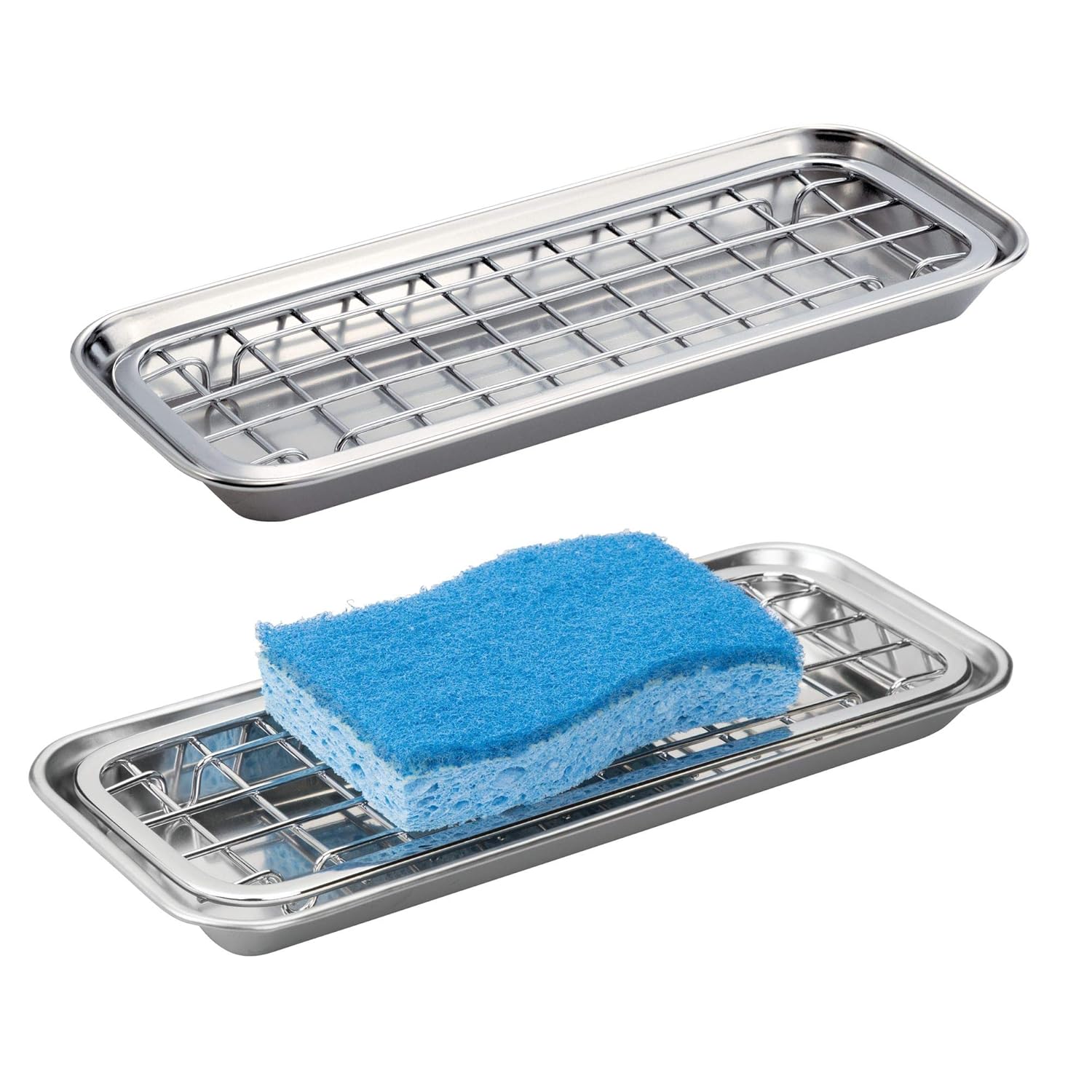 mDesign Metal 2-Piece Sink Tray Caddy for Kitchen Countertops - Removable Grid Insert for Sponges, Scrubbers, Bar Soap, Cleaning Tools - Drainage Grid with Tray - 2 Pack - Polished Stainless Steel