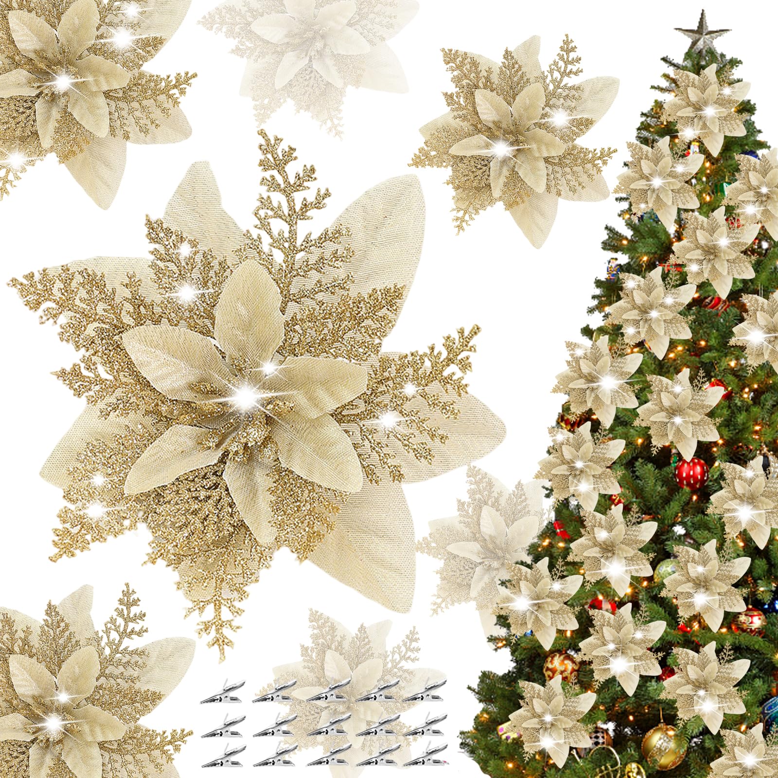15Pcs Poinsettia Christmas Decorations, Christmas Poinsettia Flower Artificial Pointsettia with Clips Christmas Tree Decorations Christmas Glitter Poinsettia Christmas Tree Flower Decorations (Gold)
