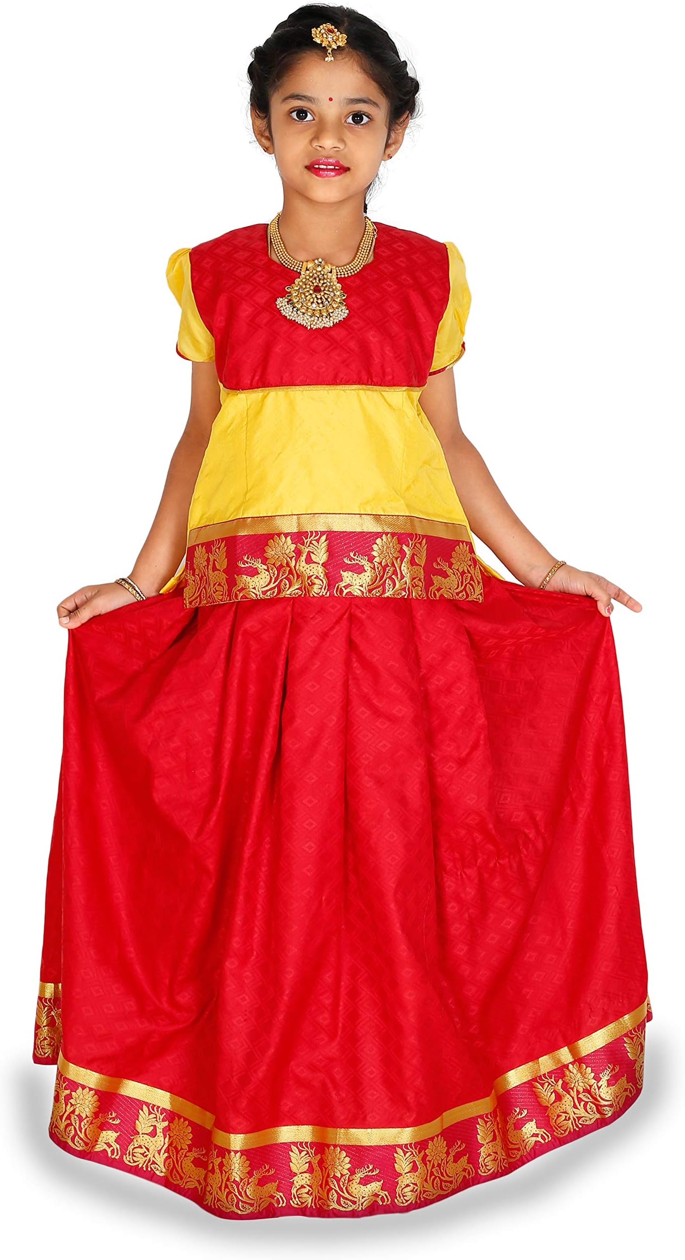 kaatru Thana Silk Girls Pavadai Set D23 - Lehenga Choli (Red & Yellow)