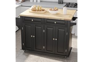 Gitua Rolling Kitchen Island with Drop Leaf – Movable Kitchen Carts on Wheels Island with Storage Cabinet, Island Table for Kitchen with Rubber Wood Top and Rack and Drawer, Matte, Black