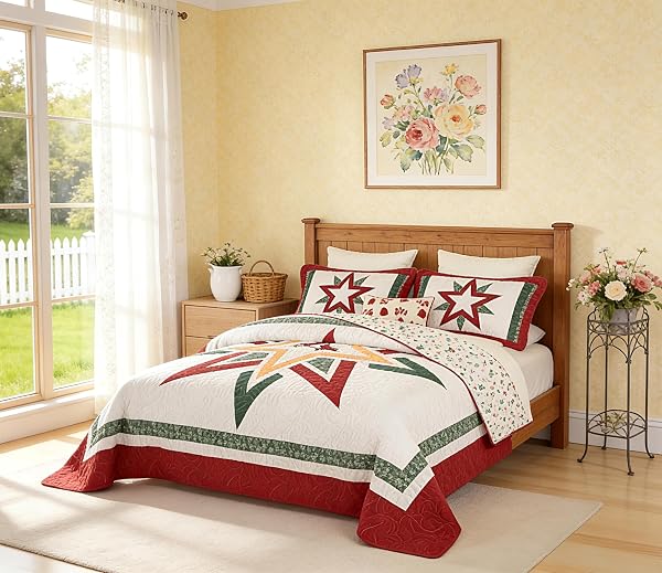 VOHANIDE HANDMADE KING SIZE PATCHWORK QUILT SET WITH EMBROIDERED CARDINAL & STARS – RUSTIC FARMHOUSE COTTON BEDDING – CRIMSON, FOREST GREEN & GOLD – ALL SEASON DECORATIVE QUILT