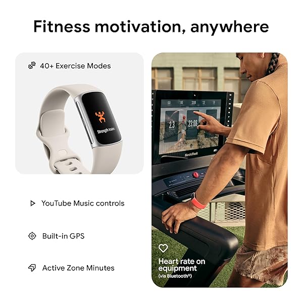 FITBIT CHARGE 6 FITNESS TRACKER WITH GOOGLE APPS, HEART RATE ON EXERCISE EQUIPMENT, 6-MONTHS PREMIUM MEMBERSHIP INCLUDED, GPS, HEALTH TOOLS AND MORE, PORCELAIN/SILVER, ONE SIZE (S & L BANDS INCLUDED)