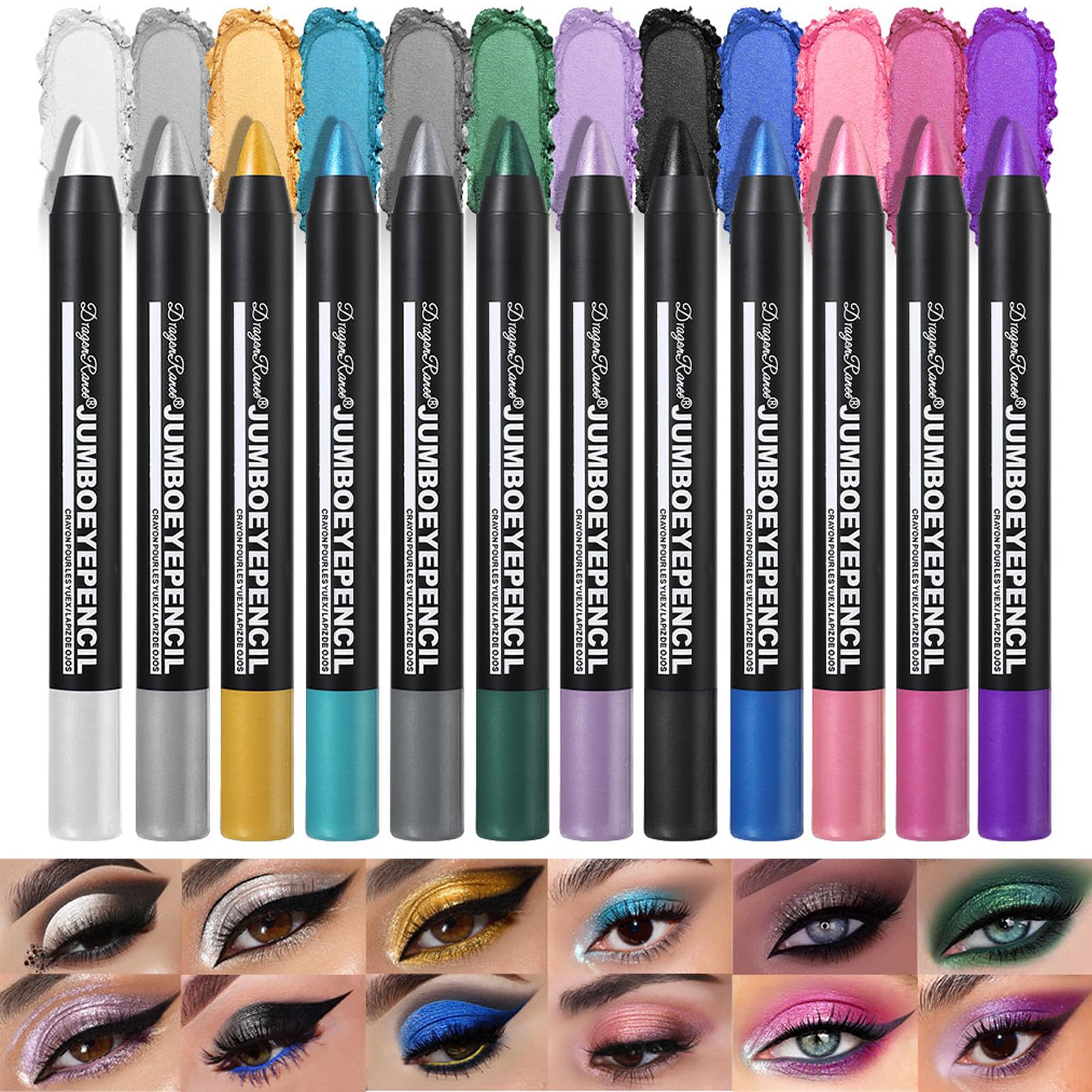 Sitovely 12PCS Cream Eyeshadow Stick Metallic Glitter Shimmer Eye Shadow Pencil, Smudge-proof & Waterproof Matter Eye Brightener Stick -White Smokey Black Gray Brown (B, M)