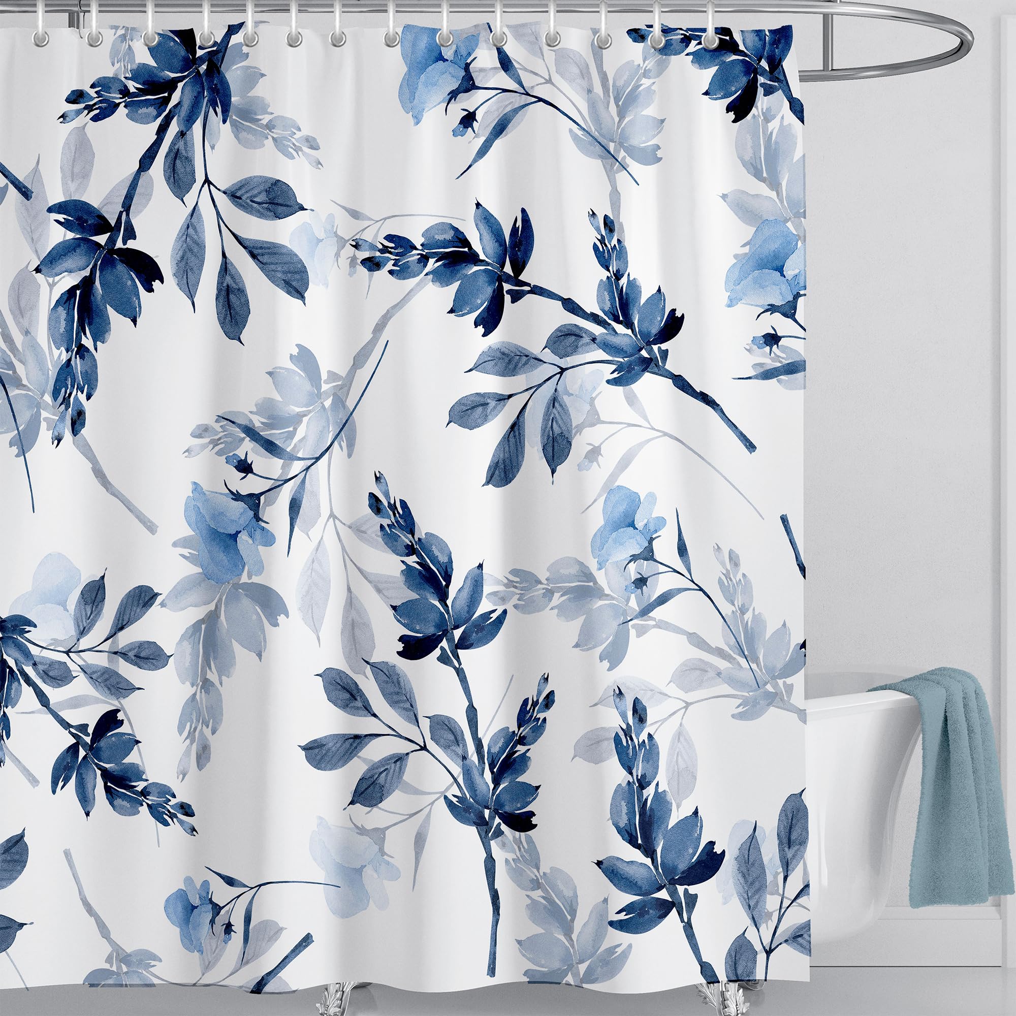 LIVETTY Shower Curtain Blue Leaves Curtain 180×180cm Floral Shower Curtain for Bathroom Quick-Drying Kitchen Curtains Machine Washable with 12 Hooks-Multi-Color — image 1