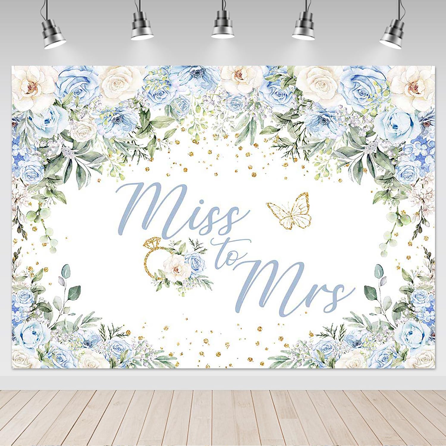 Photo 1 of Mocsicka Blue Miss to Mrs Backdrop 7x5ft Blue Floral Bridal Shower Party Decorations Background Bride to Be Wedding Engagement Party Cake Table Decorations Supplies