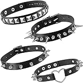 Hicarer 4 Pcs Women Men Cool Punk Choker Gothic Goth Spike Heart Shape Biker Choker PU Leather Collar Studded Rock Necklace (Black)