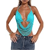 MakeMeChic Women's Y2k Crochet Halter Top Tie Open Back Metal Ring Draped Front Sequin Rave Party Going Out Tops