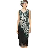 BABEYOND 1920s Vintage Peacock Sequined Dress Gatsby Fringed Flapper Dress Roaring 20s Party Dress