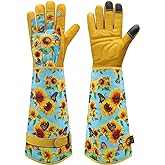 DLY Gardening Gloves for Women, Rose Gloves Gardening Thorn Proof, Long Garden Gloves for Women, Breathable Cowhide Leather Gauntlet (Medium, Blue)